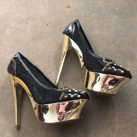 Stiletto gold and black zipper heels 5.5 - Picture 2 of 4